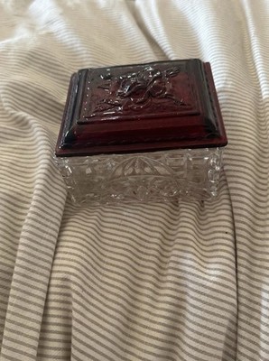Vtg Deep Ruby Rose Embossed Glass Jewelry Box Anchor Hocking Has Small Chip Lid
