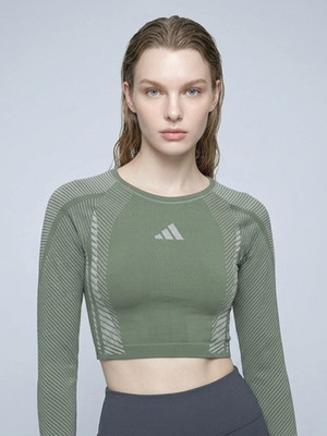 Adidas JH1369 women's Seamless LS Training Crop top silver green size S