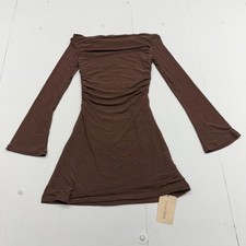 SheIn Dress Womens M Brown Off Shoulder Ruched Bodycon Long Bell Sleeve Mini