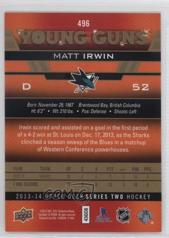 2013-14 Upper Deck Young Guns UD Exclusives /100 Matt Irwin #496 Rookie RC - Image 2 of 2