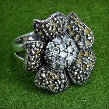 Size 6.25, Vintage Sterling 925 silver handmade flower ring with marcasite