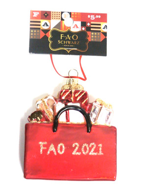 F.A.O Schwarz  Christmas Glass Ornament F.A.O. 2021 Bag with Gifts New with Tag