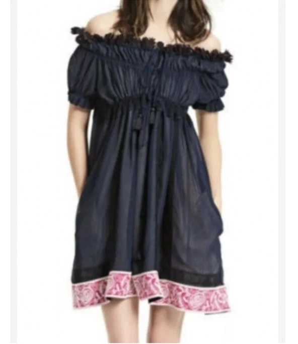 Chloe — Chloe Silk Navy Embroidered Off the Shoulder Dress Made in France 38 US 6