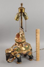 Antique Japanese Satsuma Hand-Painted Moriage Pottery Elephant & Rider Lamp, NR