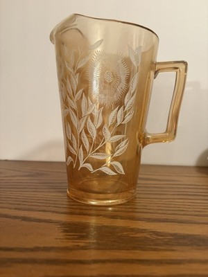 VTG Jeannette Marigold Carnival Glass Pitcher White Flowers Iridescent Cosmos 7 