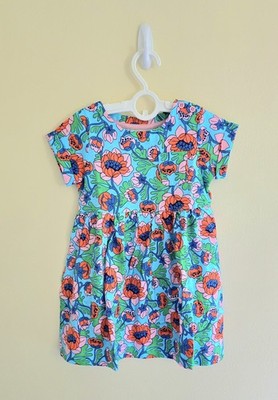 NWOT Mini Boden Fun Jersey Dress-Aqua Blue Poppies, Sz 2/3-9/10