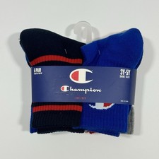 Champion Boys 6-Pack Crew Socks, Blue/Gray/Red, Shoe Size 3Y-5Y NWT NEW