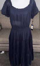 Tommy Hilfiger Dress Womens Navy Blue Tiered Midi Boho Peasant Size 14 NWT