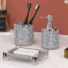 Bathroom Accessories Set, 3 Piece Silver Crystal Crushed Diamond Bathroom