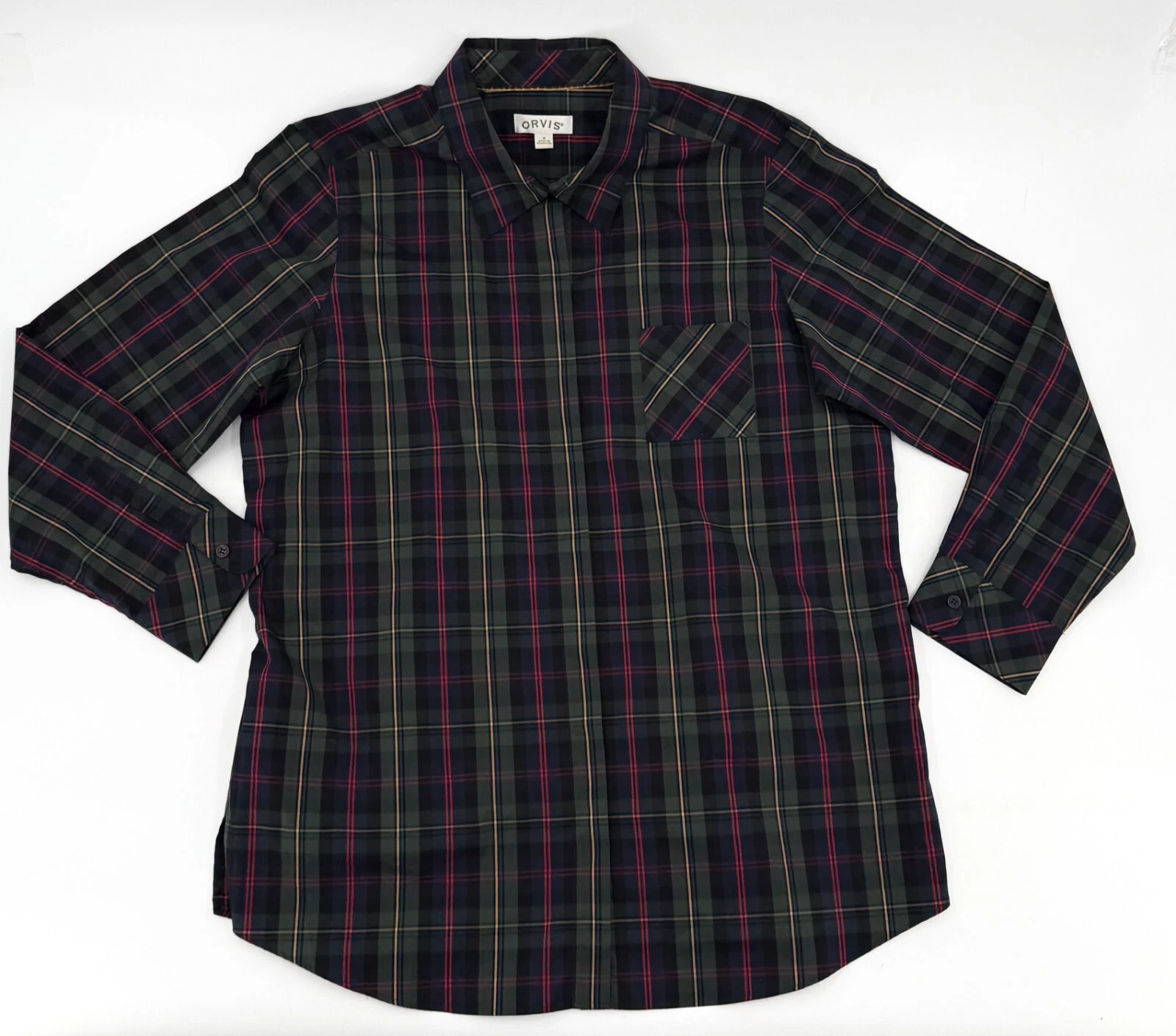 Orvis Shirt Womens 18 Green Plaid Butotn Up long Sleeve Outdoor Hiking