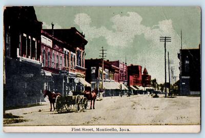 c1910's First Street Horse Carriage Dirt Road Stores Monticello Iowa IA Postcard