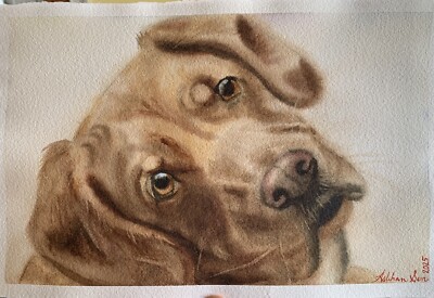 Original watercolor painting Yellow Labrador retriever dog Fox Red lab pet art