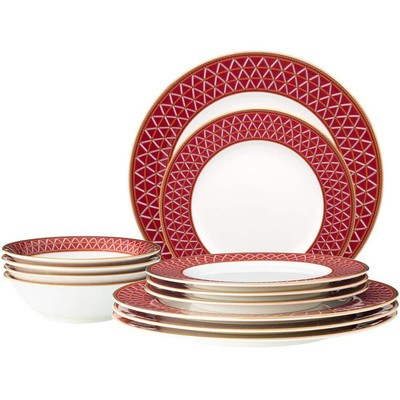 Noritake Dinnerware Set Gold Banding Bone China Crochet White/Deep Red 12-Piece