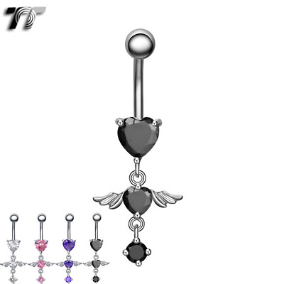 TT CZ Angel Wing Double Heart Dangle Belly Bar Ring 4 Colour Body Piecing(BL122)