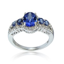 Simulated Blue Sapphire and Cubic Zirconia Oval Halo Five Stone Ring