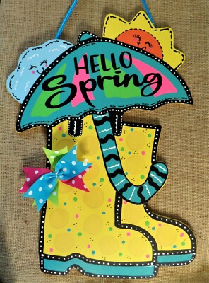 Hello Spring 18'' SIGN Wooden Rainboots Umbrella WALL ART DOOR HANGER PLAQUE