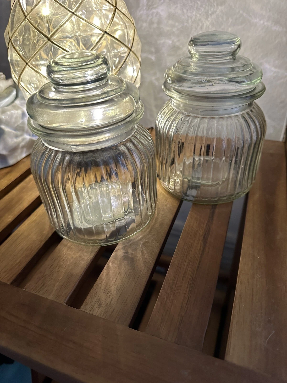 Iconic Set 2 Organization Gift Ribbed Knob Top Clear Glass Kitchen Storage Jars