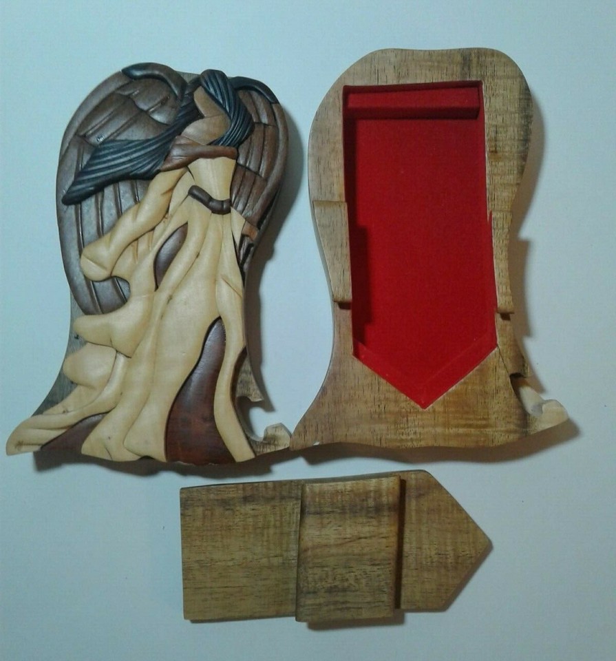 Intarsia Wood Art Carved Puzzle Box Mosaic Angel Trinket Box eBay