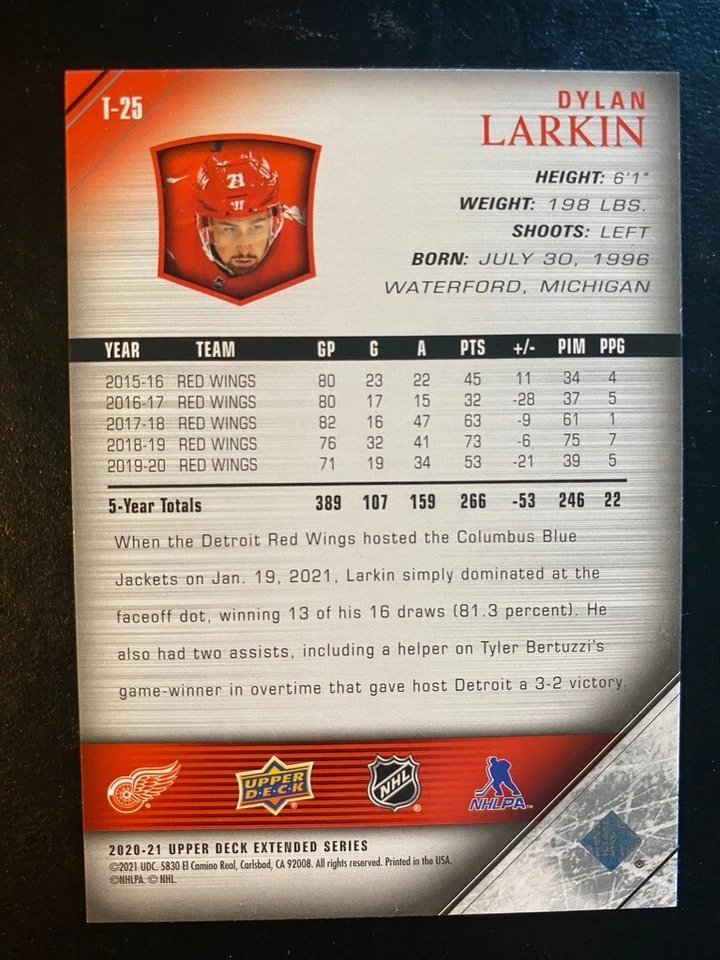 Dylan Larkin 2020-21 Upper Deck Extended Series Tribute #T-25 Detroit Red Wings - Image 2 of 2