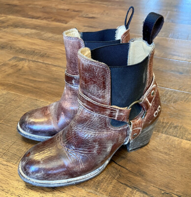 BED STU Brown Distressed Harness Ankle Boot Zip Strap Block 