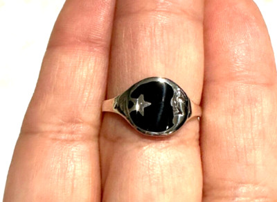 Vintage Inspired Star & Moon Ring 925 Silver & Black Onyx Size 5.75/6 - Gift Box
