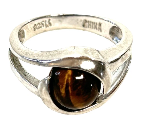 VINTAGE 925 SILVER INTERCHANGEABLE BROWN TIGER EYE STONE RING SIZE 4
