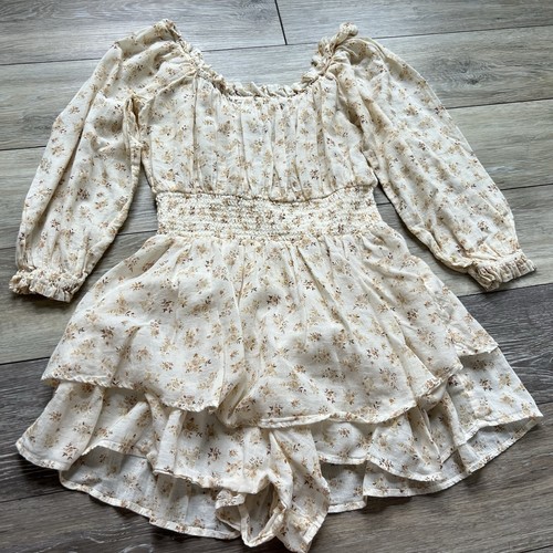 American Eagle Outfitters XS Floral Ivory Romper Smocked Ruffle 3/4