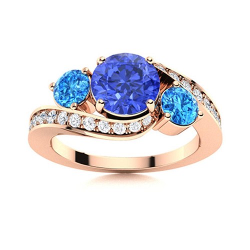 925 Sterling Silver Rose Plated 5MM Round Swiss Blue Topaz Three Stone Ring