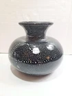 Vtg Murano Black Art Glass Vase Silver Inclusions Flecks Italy Large 7.5x 9.5"