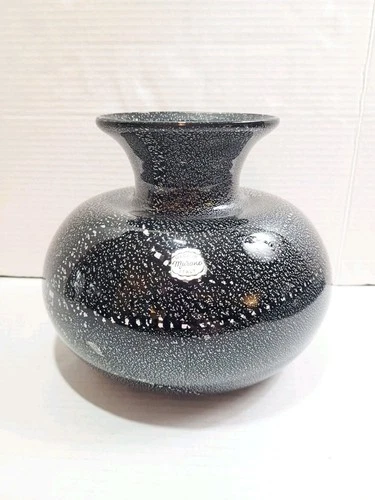 Vtg Murano Black Art Glass Vase Silver Inclusions Flecks Italy Large 7.5x 9.5"