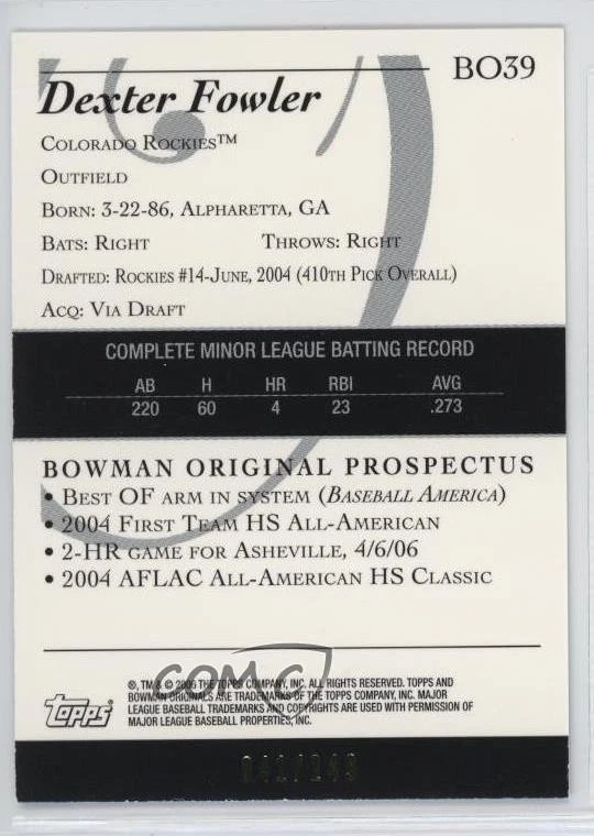 2006 Bowman Originals Prospects Blue /249 Dexter Fowler #BO39 - Image 2 of 2