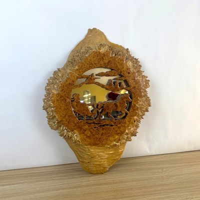 Handcrafted Burl Wood Mirror With 3D Horse Scene Wall Art