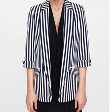 ZARA Striped Blazer Jacket Coat 3/4 Sleeve Wo...