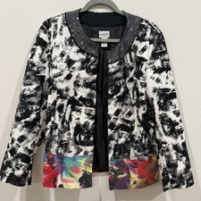 Chicos Black White Abstract Sequin Trim Open Front Jacket Multi Color Hem Size 2