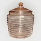 Antique Depression Glass Pink Ribbed Cookie Jar/Biscuit Bowl - Beehive  8” X 5”