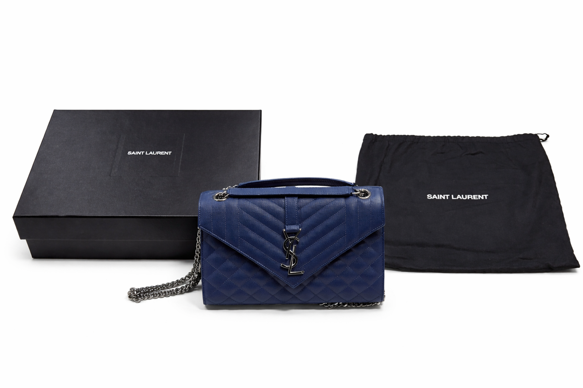 SAINT LAURENT ネイビー ビジネスバッグ Saint Laurent Envelope Mixed Matelassé Leather Medium Shoulder Bag