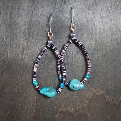 Southwest Turquoise Purple Violet Oyster Shell Sterling Heishi Hoop Earring #2