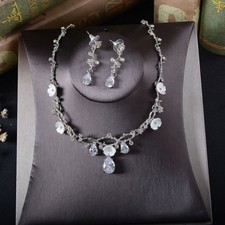 Drip Cubic Zirconia Crystal Silver or Gold Wedding Party Prom Necklace Earrings