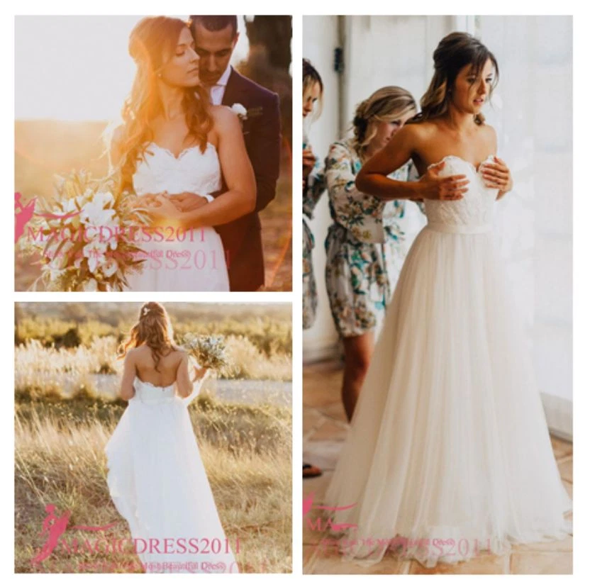 Simple Strapless Tulle Bridal Gown Lace Beach Wedding Dress Size 4 6 8 10 12 14