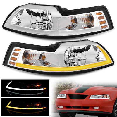 Chrome Headlights Switchback Sequential w/LED Tube For 1999-2004 Ford Mustang