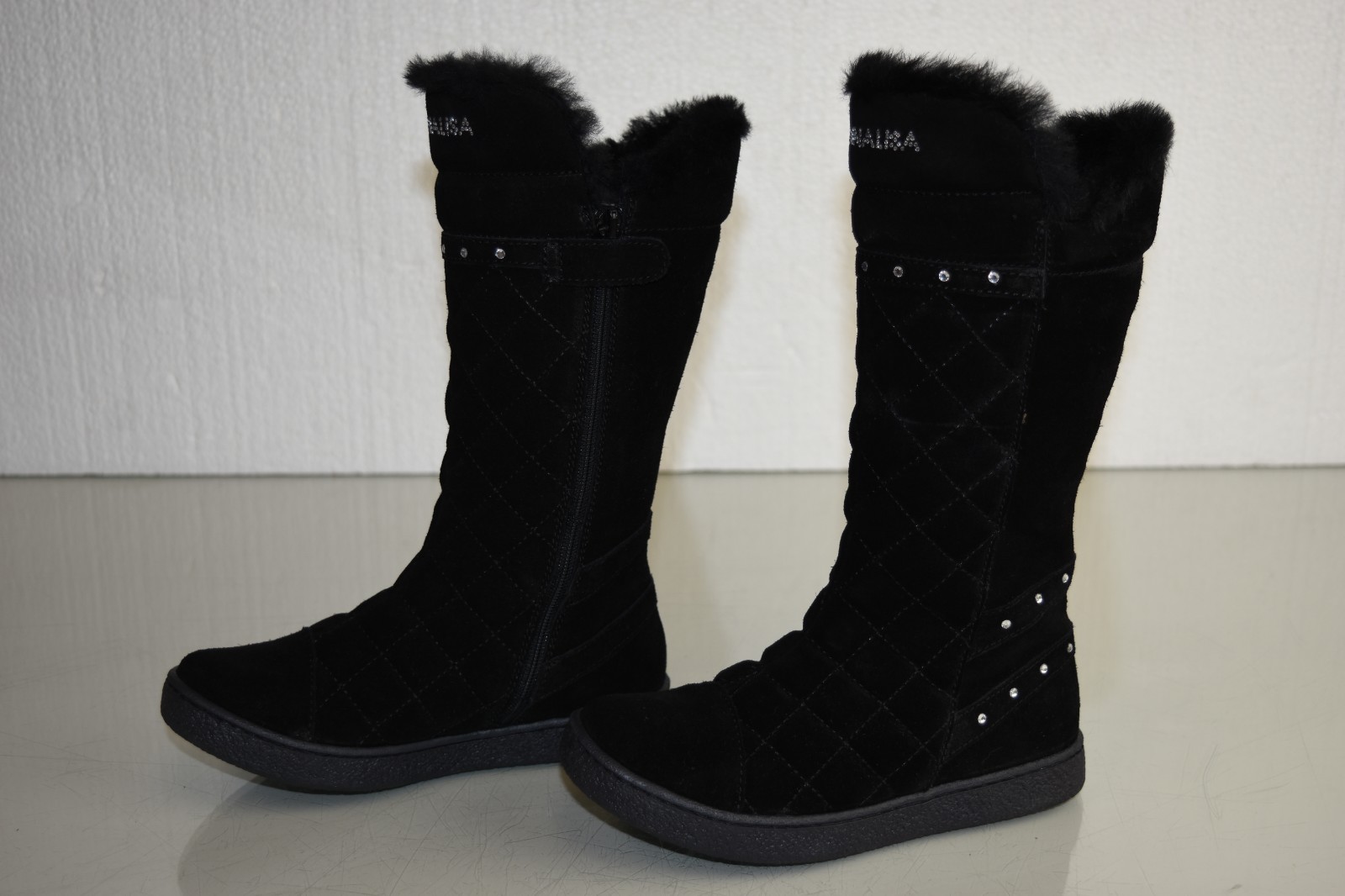 $398 NEW Monnalisa Girls Knee high Boots Suede Black Quilted CRYSTALS  Shoes 30 image 7