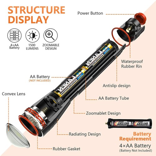 Linterna LED súper brillante 1500 lúmenes impermeable zoom 5 modos SOS - Imagen 2 de 7