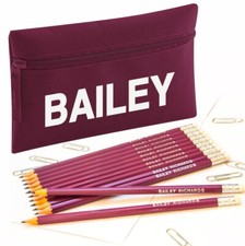 Personalised Pencil Case with12 Embossed Rubber Tipped HB Pencils - Maroon