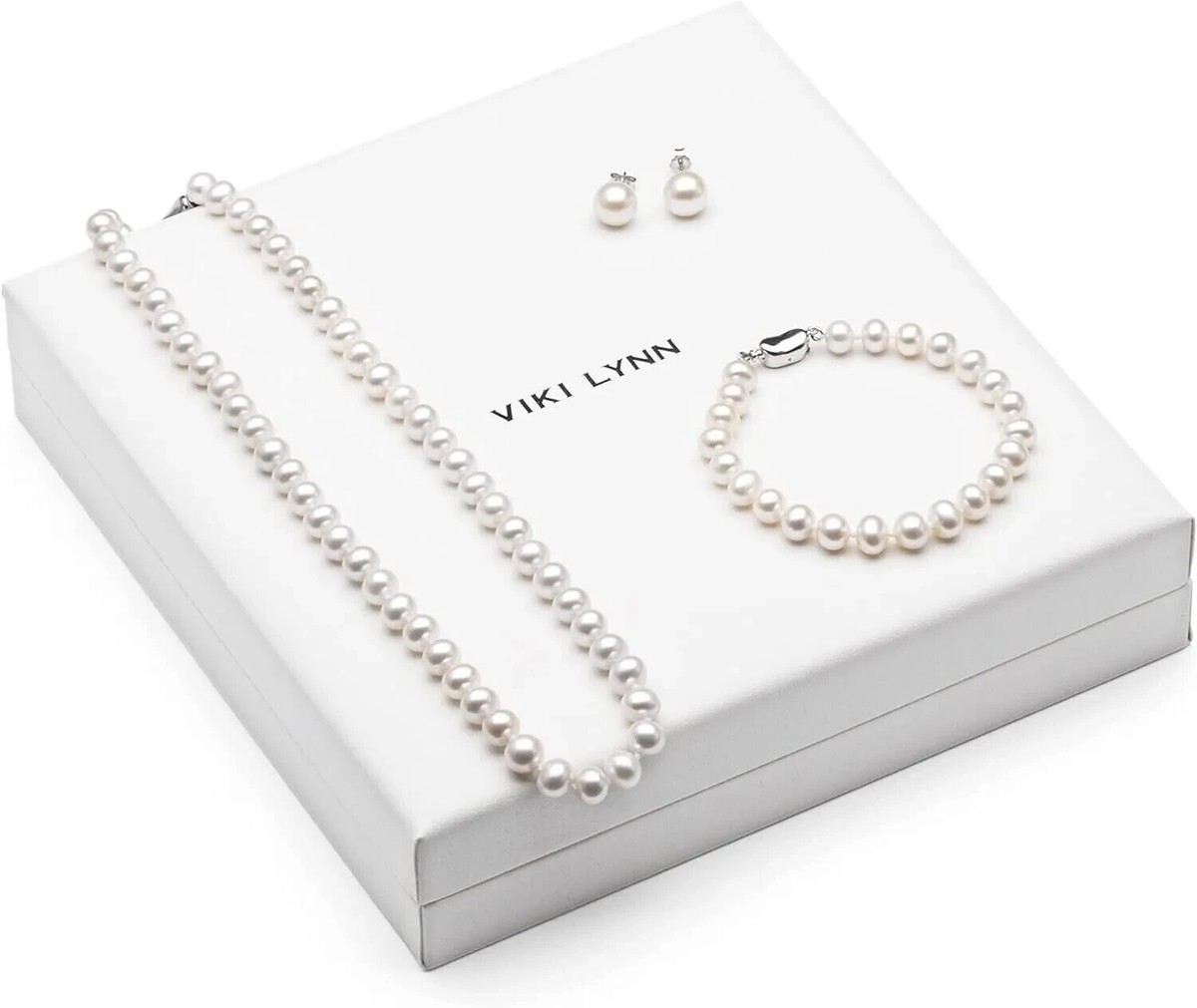 Viki Lynn White Freshwater Pearl Necklace Jewelry Set Gift Box