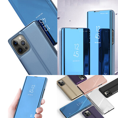 For iPhone 15 14 13 12 11 XR XS 8 7 Flip Kickstand Plating Mirror Case Cover