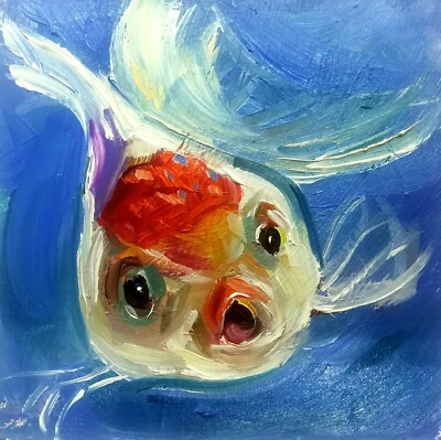 Original Oil Painting Fish Funny Animals Art Signed Gold Fish