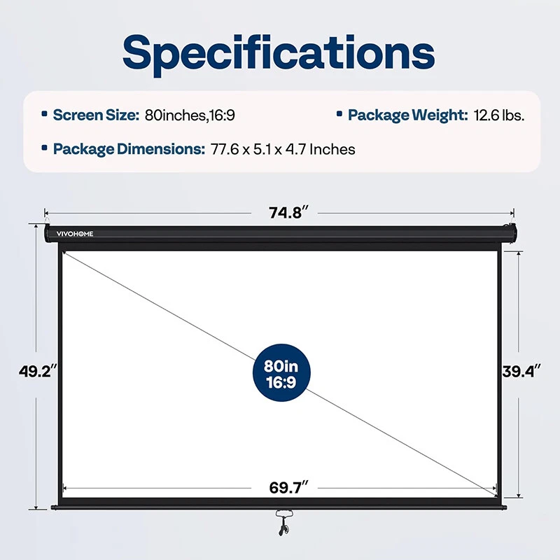 80" Projector Screen 16:9 Projection HD Manual Pull Down Black Home Theater - Image 2 of 4
