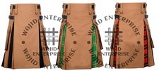 Scottish Men's Hybrid Utility Kilts Tartan  Camel Canvas Cargo Pockets Kilts