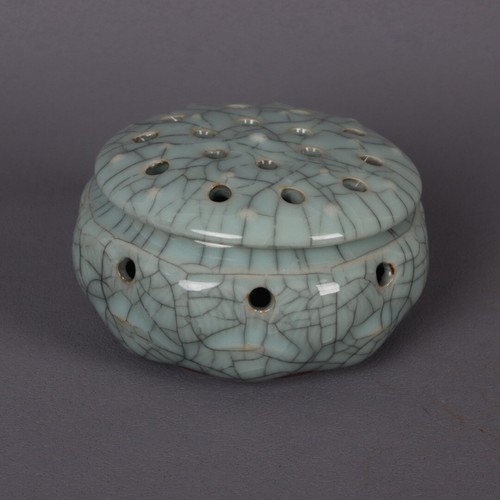 China cyan glazed open sheet porcelain carved Lotus pod statue incense burner