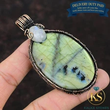 Copper Oval Natural Labradorite Rainbow Moonstone Wedding Wire Wrapped Pendant